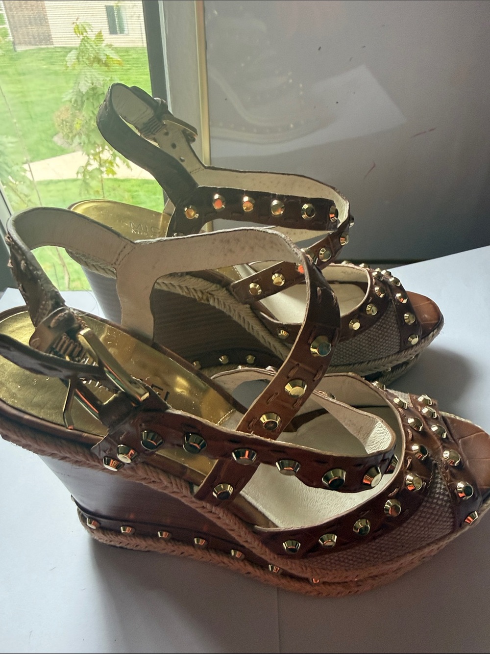 Michael Kors Brown Studded Wedge Espadrille Sandals - Picture 4 of 7